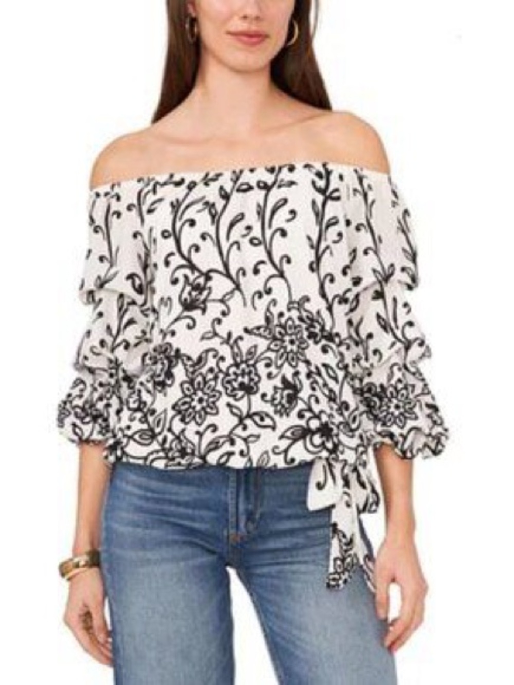 Vince Camuto Black & White Floral Off-Shoulder Tie-Waist Top